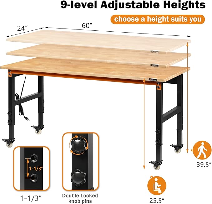 60" Adjustable Workbench for Garage, Rubber Wood Heavy Duty Workstation with Power Outlets & Wheels, 2000 LBS Load Capacity Hardwood Worktable for Workshop, Garage, Office, Home, Commercial