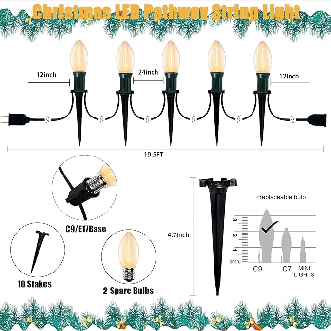 38Ft C9 Led Christmas Pathway Lights Outdoor, 25 C9 LED Warm White Bulbs String Lights Waterproof with Stakes, Connectable Christmas Walkway Lights for Outdoor Yard Lawn Sidewalk Driveway Decor