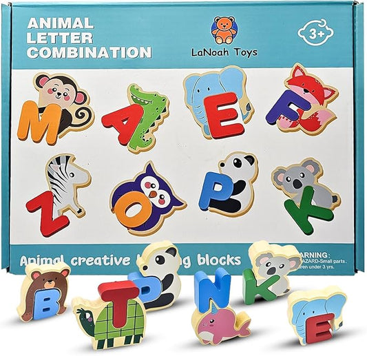 Animal Letter Combination Puzzle. 52 Pieces of Wooden Letters and Animals, Alphabet Puzzle, Montessori Toys Wooden Puzzles for Kids 3-5, Toddler Preschool Learning