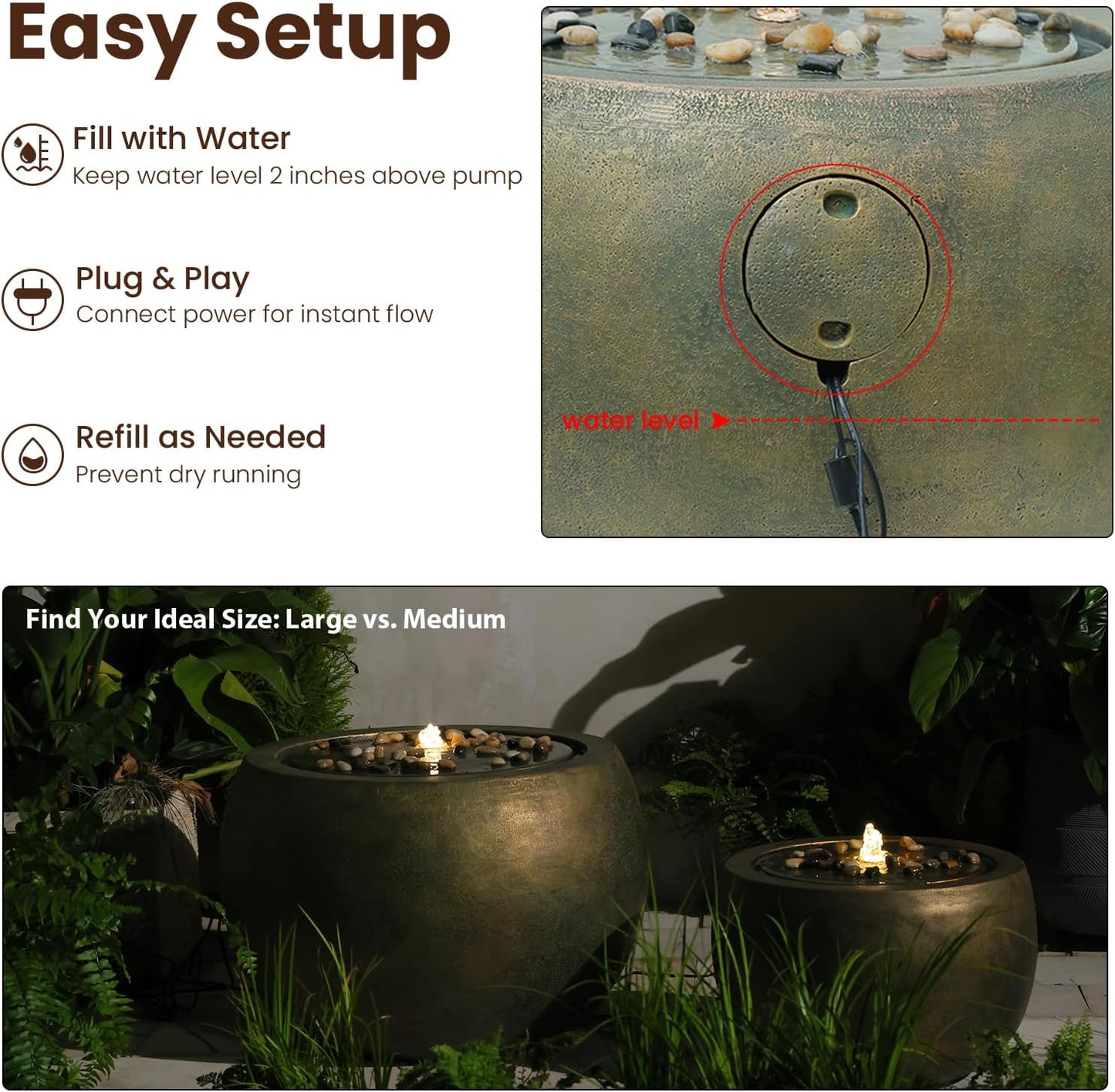 Garden Water Fountain Outdoor Large Round Bubbler Water Feature Indoor with Lights & Pump and Pebbles Concrete Effect for Patio Pool Pond Yard Home Decor Gold, 25 "L X 25" W X 17.5" H