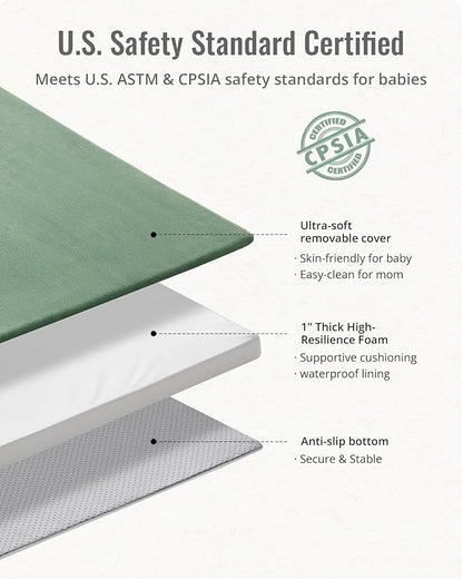 Blissful Diary Ultra Soft Baby Play Mat, 50x50 Floor Mat with Removable & Washable Slip-On Cover for Babies and Toddlers Infants, Sage Green