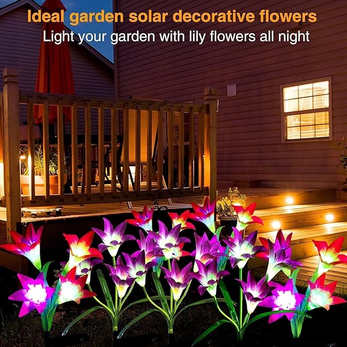 ANGMLN 6 Pack Solar Flowers Lights,24 Bigger Head Solar Lily Flowers, 7 Color Changing Pathway Lamps for Garden Patio Yard Party Wedding Holiday Outdoor Garden Stake Decoration (Purple2&White2&Pink2)