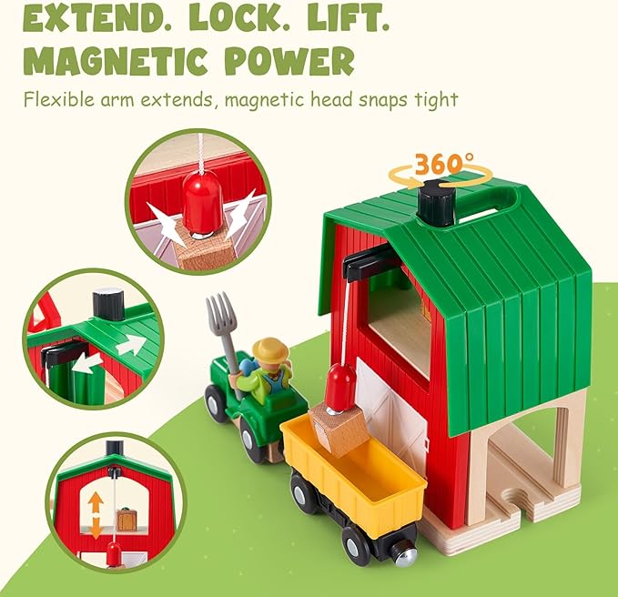 Giant bean 42PCS Wooden Farm Train Set for Toddler, Battery Operated Train Railway Track with Bridge, Barn, Animals,Tractor Cargo, Compatible with Most Brand,Toy Gift for Kids Boys Girls Age 3-8