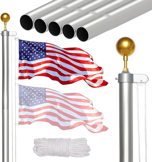 NELXINJO 20FT Sectional Flag Pole Kit, Heavy Duty Aluminum Outdoor In-Ground Flagpole, Gold Ball Top, 3x5 USA Flag for Residential commercial Outdoor Garden(20FT, Silver)