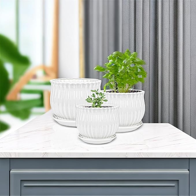 Yesland Ceramic Flower Plant Pots with Saucer, Set of 3 in Different Sizes, Modern Round Ceramic Succulent Planter Pots with White Stripe Texture for Garden