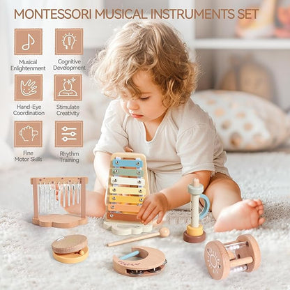 Promise Babe Wooden Xylophone Musical Instrument Sets Toy for Kids, Rattle Bell Montessori Cloud Toddler Music Percussion Toys, Christmas Birthday Gifts for Boys Girls 3 Year+