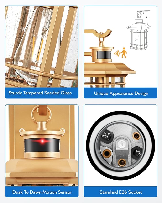 VIANIS Motion Sensor Exterior Lights for House, 2 Pack Dusk to Dawn Outdoor Lighting, Gold Outdoor Sconce Lantern, Waterproof, Weather Resistant Porch Lights Outside for House, Garage, Front Door