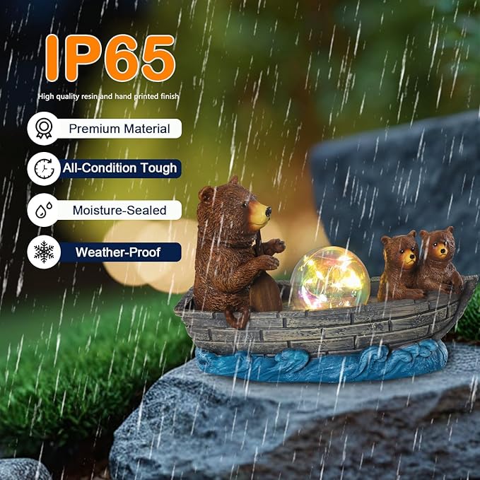 Solar Bears Boating Statue with Ball Light 5" Resin Bear Figurines Waterproof Bear Decorations for Home Yard Patio Porch Balcony Best Garden Gifts for Women Mothers Grandmothers Sisters