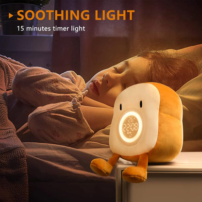 QANYI Plush Toy Night Light Alarm Clock for Kids, Multiin-one Cozy Toast Plushies Bed Clock with Dual Alarm and Snooze, Dimmable Bed Lamp Birthday Gifts Ideal for Children Teens Girls Boys Women