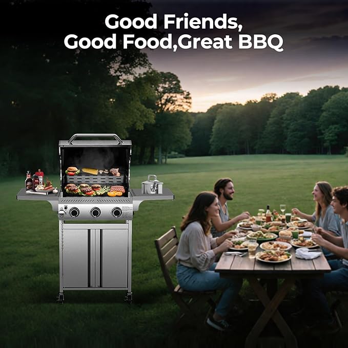 R.W.FLAME Stainless Steel Propane Gas Grill, 3 Burner 24000BTU BBQ Grills, Foldable Side Table, Enamel Wire Grate, Removable Grease Tray, Barbecue Grill for Outdoor Cooking, Backyard, Patio, Deck