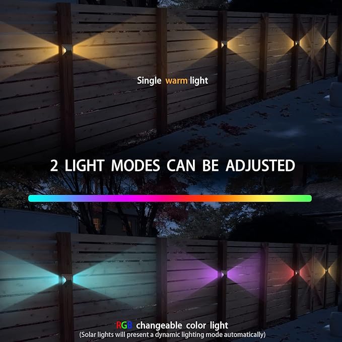 Upgrades LED Solar Fence Light, IP68 Waterproof Warm White and Color Glow with Remote Control Deck Light, Solar Outdoor Decoration Lights for Wall, Step, Yard, Garden, Christmas, Party(4 Pack)