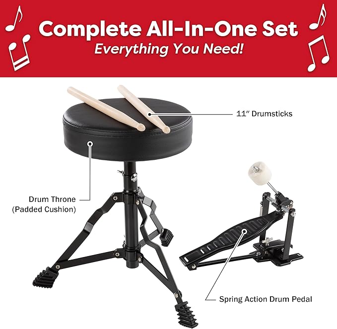 Kids Drum Set - 3-Piece Drum Kit with Cymbal, 2 Toms, Bass Drum and Pedal, Drumsticks, and Throne - Beginner Musical Instruments by Hey Play (Black)