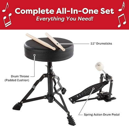 Kids Drum Set - 3-Piece Drum Kit with Cymbal, 2 Toms, Bass Drum and Pedal, Drumsticks, and Throne - Beginner Musical Instruments by Hey Play (Black)