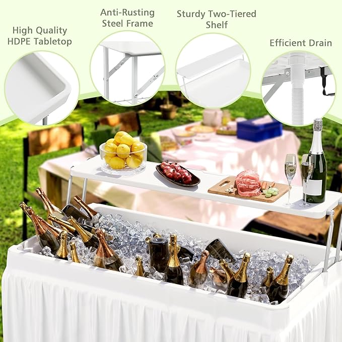 Outdoor Ice Cooler Folding Table with Extra Storage Shelf,Ice Tables for Parties with Drain,Cooler Server for Camping, Picnic, Wedding, BBQ, White