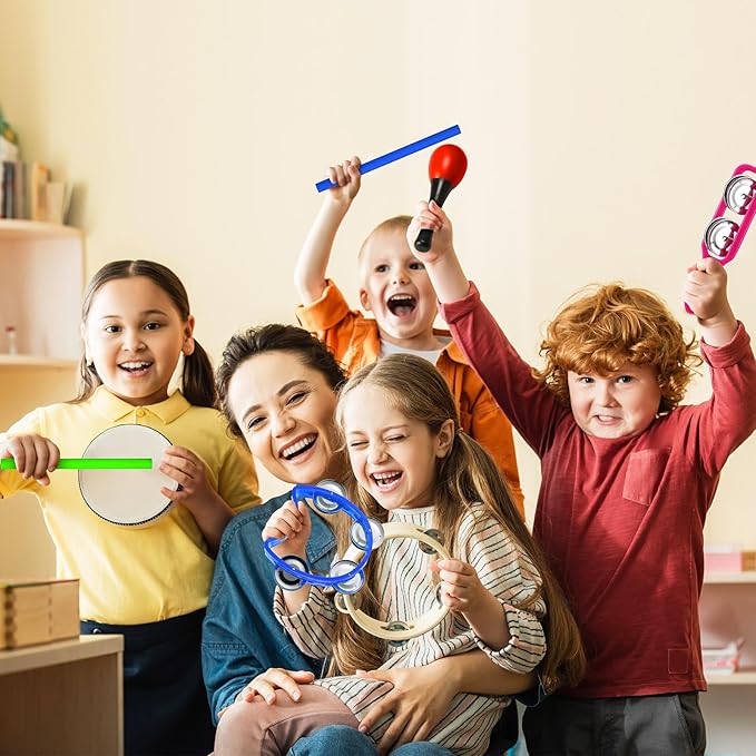 96 Pcs Musical Instruments Learning Percussion Toy Include 12 Egg Shakers 12 Sand Hammers 12 Hand Clappers 12 Rhythm Sticks 12 Hand Bells 12 Handheld Cymbals 12 Dance Scarves 12 Finger Castanets