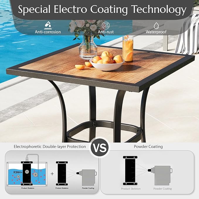 AECOJOY Outdoor Height Bar Table, 36'' Metal Frame Bar Table Bistro Square Table with Wooden Top, High Top Outdoor Pub for Patio Garden Lawn Poolside, Brown