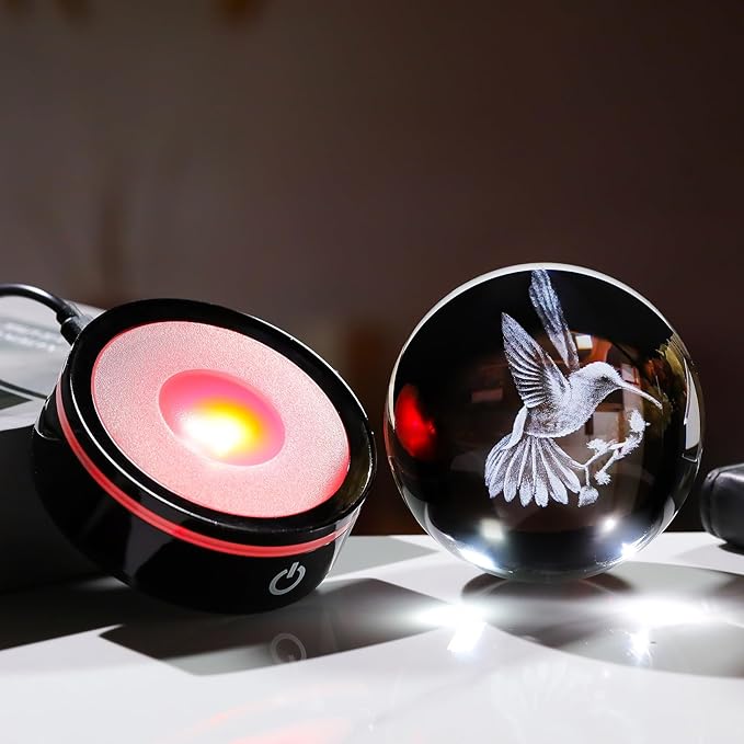 YWHL 3D Crystal Ball Hummingbird Figurine with LED Base, Hummingbird Gifts for Women Men Hummingbird Lovers on Christmas Birthday, Hummingbird Ornament Glass Decorative Ball for Home Decor (80mm)