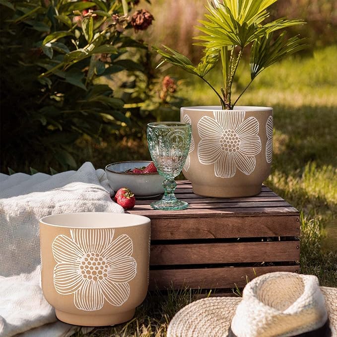 YBX 8 Inch + 6 Inch White Flower Pattern Plant Pots, Sand Glazed Ceramic Planter with Drainage Hole, Flower Pots for Indoor Plants, Tan & White