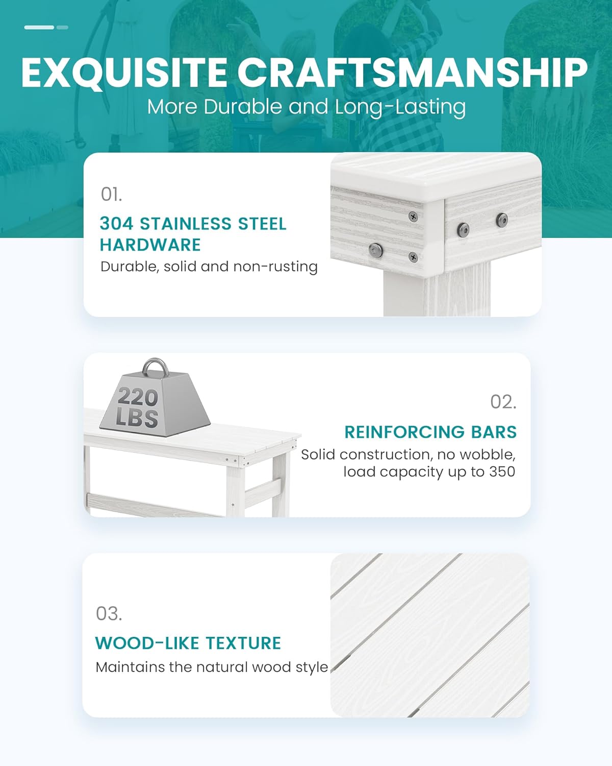 SERWALL 41" Outdoor Bar Table, HDPE Patio Bar Counter Height Table, All Weather Adirondack Outdoor Bar Height Table, Rectangle Patio Bar Table for Outside, Garden, Backyard, Balcony, Poolside, White