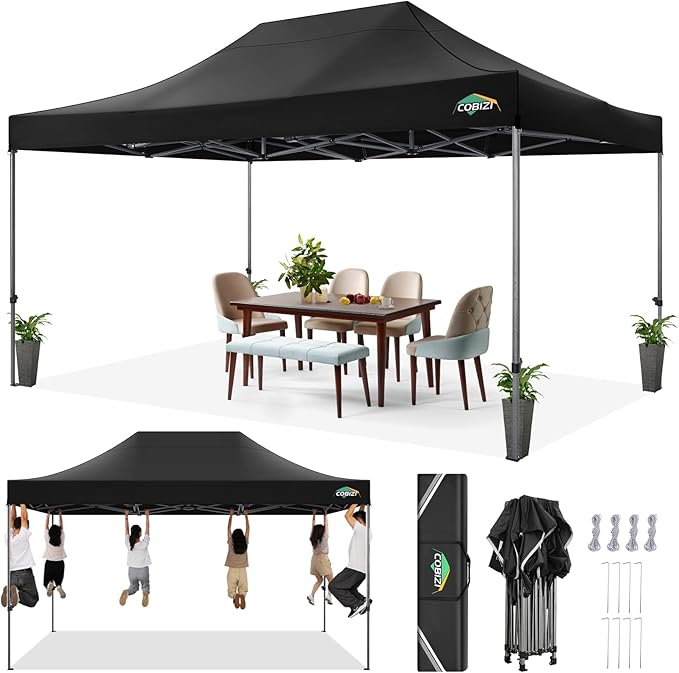 COBIZI 10x15 FT Pop up Canopy Tent,Heavy Duty Easy Up Commercial Outdoor Party Canopy Tents for Wedding Parties All Season Wind & Waterproof Gazebo with Carry Bag,Black(Frame Thickened)