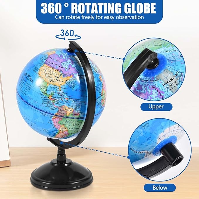 Rotating World Globe 6 Inch Spinning Earth Globe with Stand for Kids Learning Geography Classroom Education or Office Home Decorations