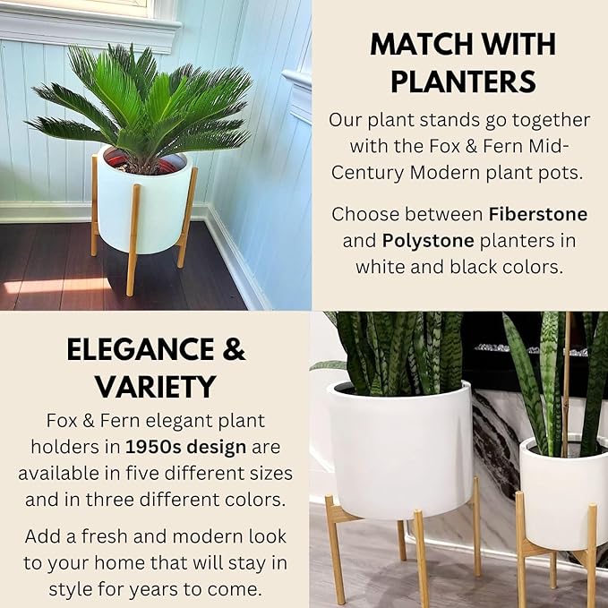 Fox & Fern Bamboo Plant Stand — 11.8 Inch Fixed Size Wooden Mid Century Planter Stand for Indoor Plants; Raised Large Flower Pot Holder for Indoor Big Pots; Plug In Design; Two Height Options - Bamboo
