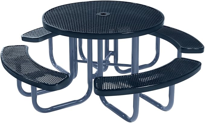 Heavy-Duty Portable Outdoor Picnic Table with Umbrella Hole, Punched Steel Commercial-Grade Patio Furniture Made in America (46" Round Top, Dark Blue with Dark Blue Frames)