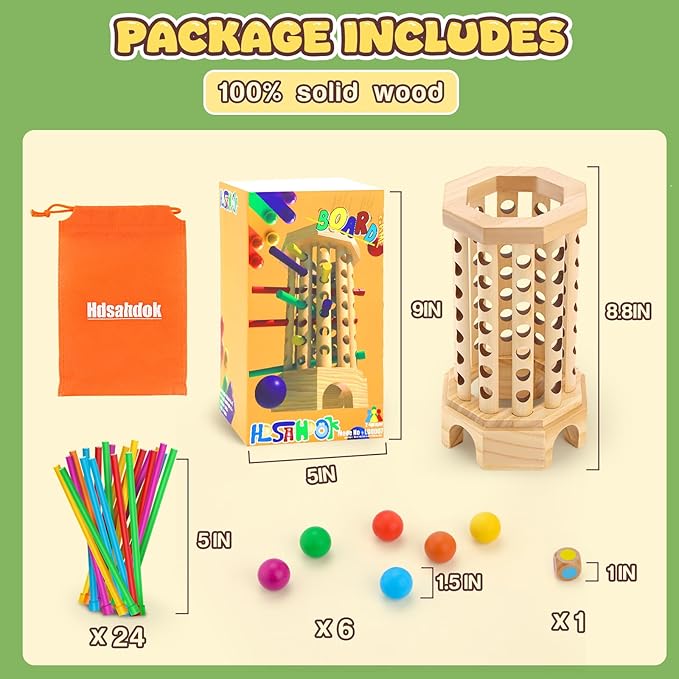 Montessori Wooden Board Game for Kids 3-6 Years - Educational Learning Toy with Colorful Sticks, Dice& Balls - Fine Motor Skills, Classic Tower Games for Family Night - Gift for Toddlers Boys Girls