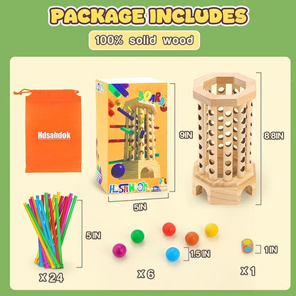 Montessori Wooden Board Game for Kids 3-6 Years - Educational Learning Toy with Colorful Sticks, Dice& Balls - Fine Motor Skills, Classic Tower Games for Family Night - Gift for Toddlers Boys Girls