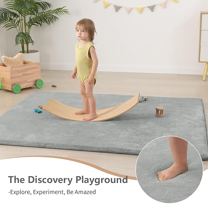 Baby Play Mat for Floor,1.3" Thick Elasti-Foam 50"×74" Playpen Mat for Tummy Time,Water Repellent Soft Coral Velvet for Toddler,Infant,Kids,Non-Slip Backing Safe for Crawling(Light Grey)