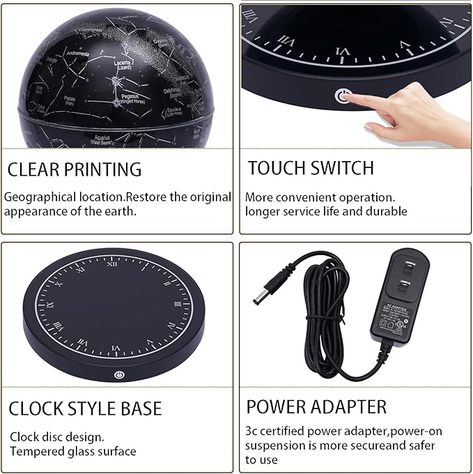 6" Magnetic Levitation Floating Globe Anti Gravity Rotating Constellation Ball with LED Light Display Globe for Children Educational Gift Home Office Desk Decor (Black-Clock)