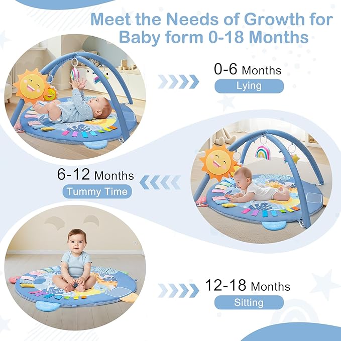 Baby Play Gym Mat Tummy Time Mat, Washable Baby Activity Play Mat for Sensory, Visual, Hearing, Touch Development, Baby Toys Shower Gift for Newborn
