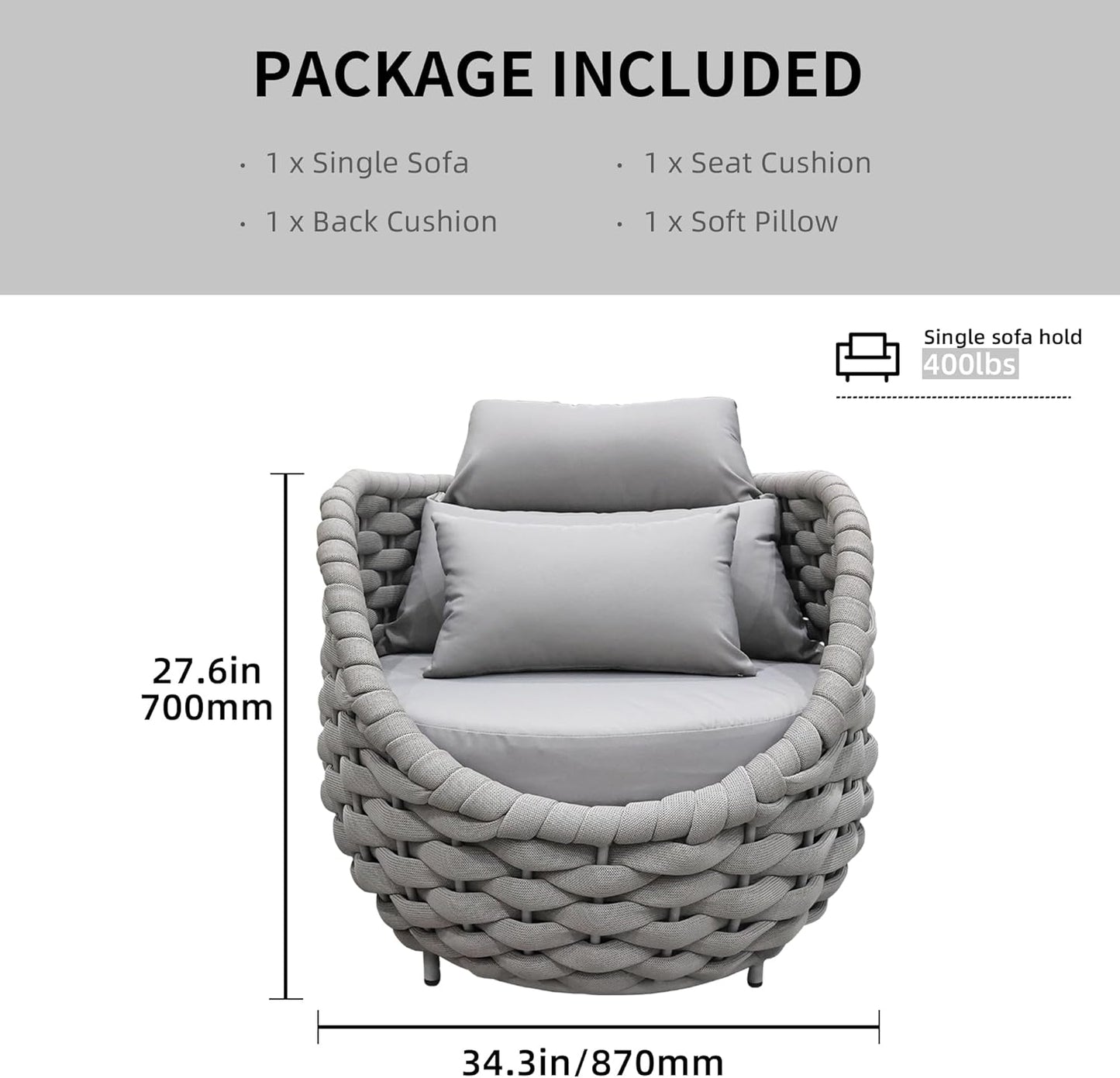 TWT Patio Sofa All-Weather Textilene Rope Balcony Furniture with Cushions & Pillows, Patio Couch Outdoor Accent Armchair Set for Patio, Balcony, Backyard, Deck, Poolside, Grey