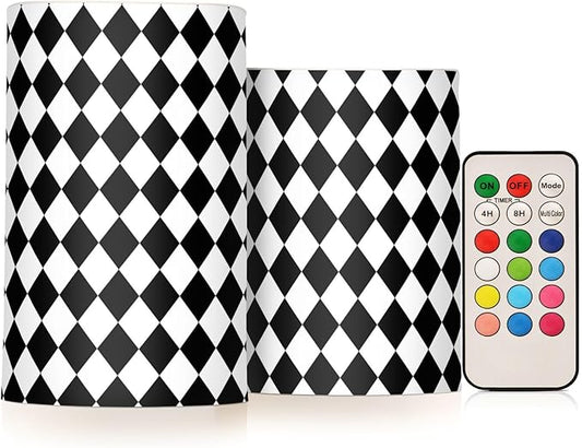 Flickering Flameless Candles, Black White Rhombuses Checkered LED Candles with Remote Timer, Set of 2 Battery Operated Candle for Valentine Wedding Birthday