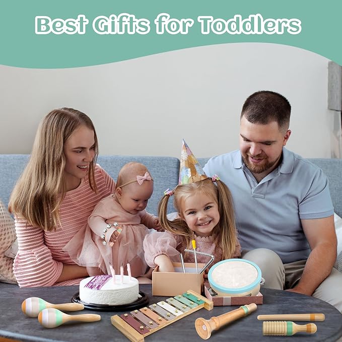 Raimy Musical Instruments Set - Neutral Colors Wooden Montessori Toys Percussion Music Modern Boho Xylophone Birthday Gifts for 1 2 3 Year Old Kids Baby Toddlers Boys Girls 3+ with Storage Bag