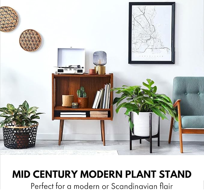 Fox & Fern Bamboo Plant Stand — 11.8 Inch Fixed Size Wooden Mid Century Plant Stand for Indoor Planters; Raised Large Flower Pot Holder for Indoor Big Pots; Plug In Design; Two Height Options - Dark Bamboo