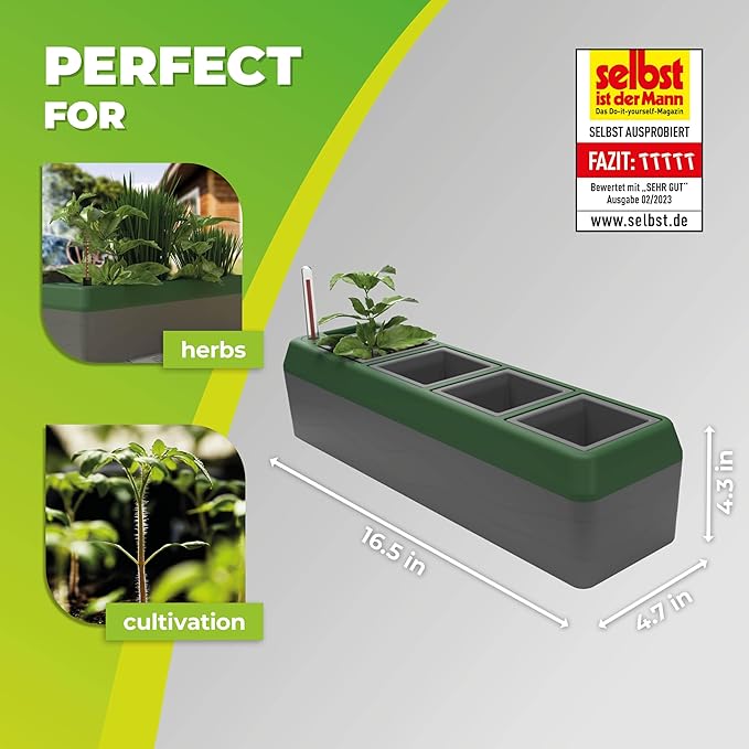 Provence Self Watering Planters – 4-Herb Window Boxes Planters with Water Level Indicator – Windowsill Planter – Modern Pot Design – Practical and Easy to Use, Grey, Dark Green (PRO-4)