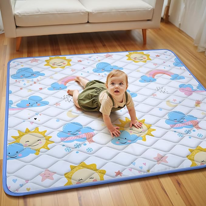 50x50 Playpen Mat, PIGLOG 0.8 Inch Thick Foam Baby Play Mat for Floor, Soft Fabric Cushioned Play mat for Babies，Washable Non-Slip Playmate for Baby, Infants & Toddlers（Blue）