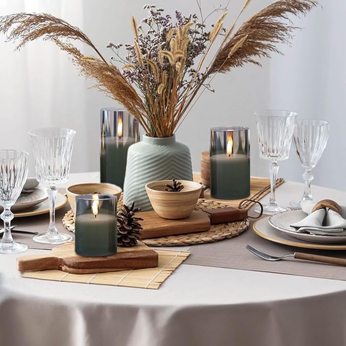 Glass Rechargeable Flameless Candles with Remote Timer, Realistic 3D Wick LED Battery Operated Candles with Flickering Flame,Home Decoration for Wedding Birthday Festival(Grey)