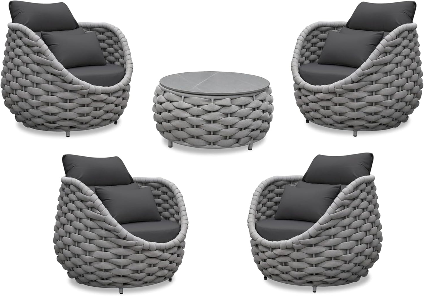Woven Rope Deck Furniture Set: 5 Pieces Aluminum Patio Conversation Set All Weather - Cushioned Outdoor Sofa Set Assembled - Metal Modern Couch Set for 400 lbs Porch Deck Garden Poolside Hotel