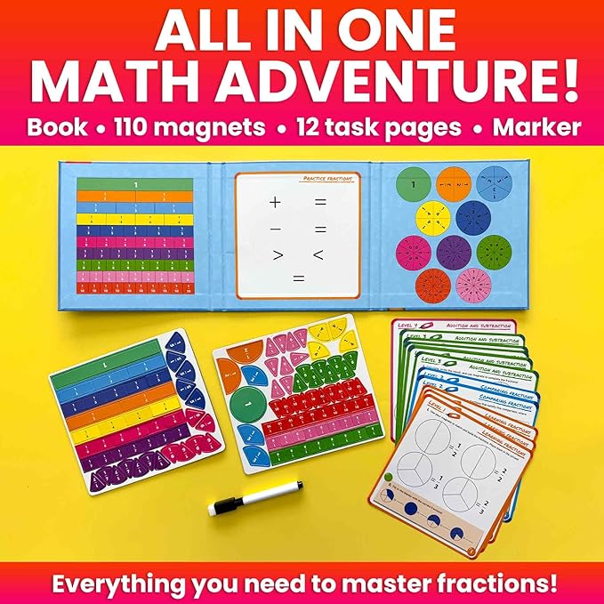QUOKKA Magnetic Fractions Learning Set for Kids Ages 6-12 – Hands-On Math Games for Homeschooling, Classrooms & Travel – 110 Magnets, 12 Task Pages, Marker – Montessori Educational Toy Puzzles