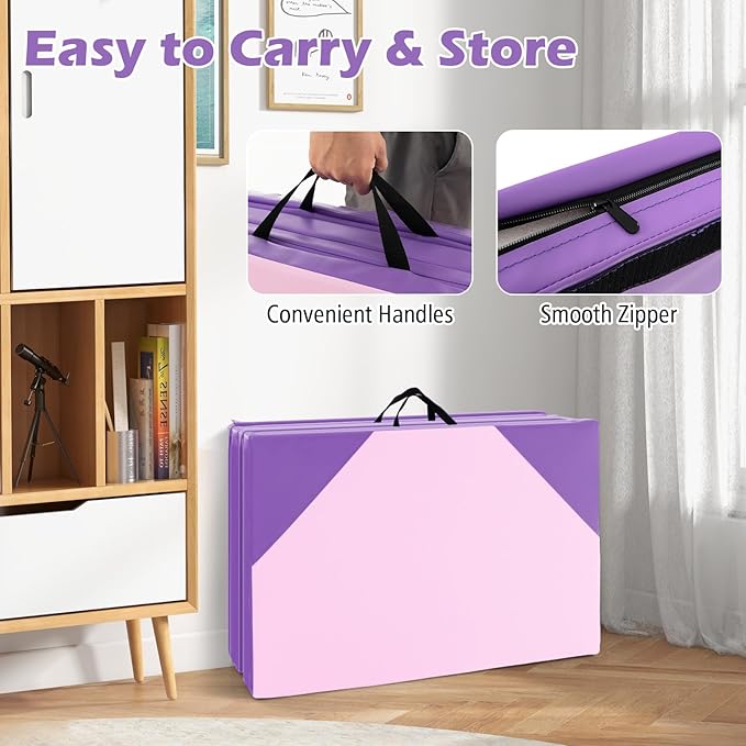 Giantex 4'x10'x 2" Gymnastics Mat, 4-Panel Folding Aerobics Exercise Mat w/Hook & Loop Fastener, Carrying Handle, Portable Tumbling Mat for Stretching Yoga Cheerleading Martial Arts