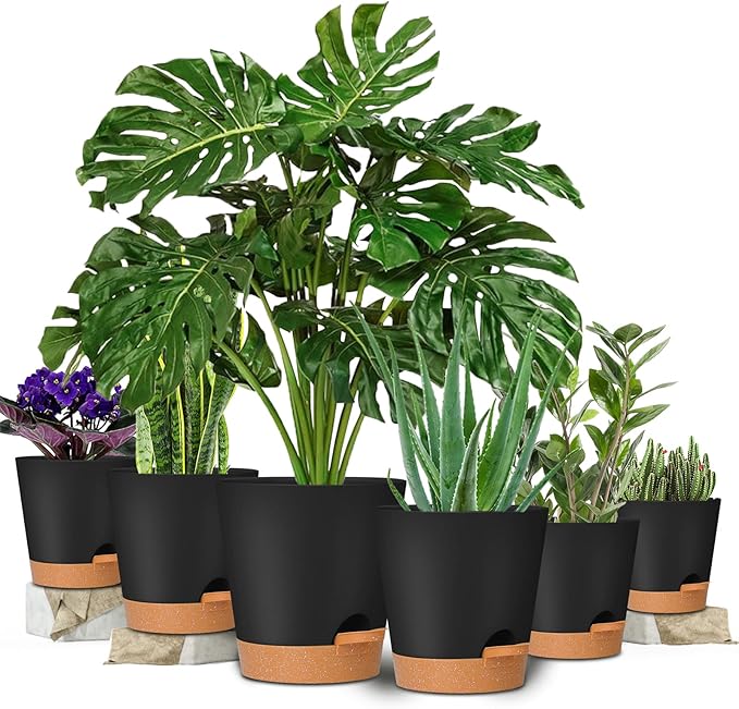 GARDIFE Plant Pots 8/7/6.5/6/5.5/5 Inch Self Watering Planters with Drainage Hole, Plastic Flower Pots, Nursery Planting Pot for All House Plants, African Violet, Flowers, and Cactus,Black