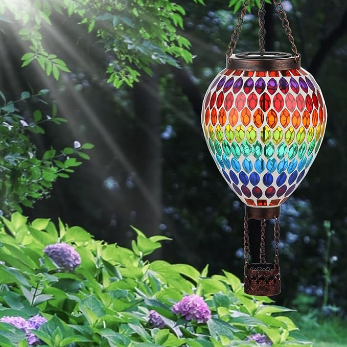 VOREEN Hot Air Balloon Solar Lantern, Mosaic Solar Outdoor Hanging Wind Light, Waterproof, Patio Festive Decor, Easter Gifts for Mom Father Grandma, Rainbow Pattern