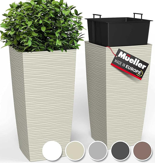 Mueller M-Resin Heavy Duty Tall Planter, Indoor/Outdoor Grande Plant, Tree, Flower Pot, 2-Piece Set, 27.5”, Modern Design, Built-in Drainage, Beige