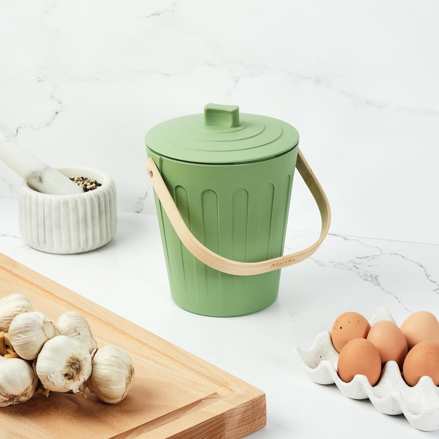 Martha Stewart Indoor Compost Bin | Countertop Composting Bucket for Kitchen | .7 Gallon Capacity | Includes Filter | Plant Based Materials | Sage Green