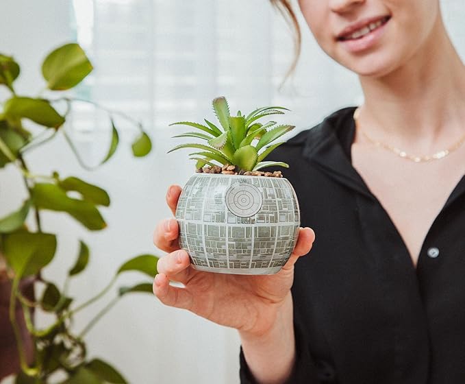Toynk Star Wars Death Star 3-Inch Ceramic Planter with Artificial Succulent | Cute Small Flower Pot, Faux Indoor Plants