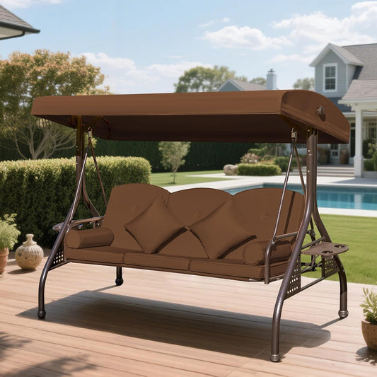3-seat Patio Swing with Canopy,Convertible Outdoor Swing Bed with Thick Cushions, Pillows & Cup Holders, 3-Seat Outdoor Swings Chair for Backyard, Garden, Deck(Brown)