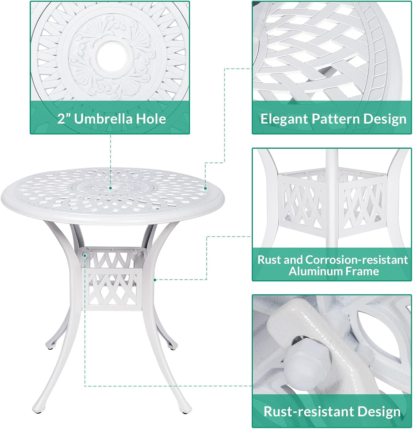 VIVIJASON 3-Piece Patio Bistro Sets, All-Weather Cast Aluminum Bistro Table Set Outdoor Patio Furniture, Include 2 Cushioned Chairs and 31" Round Table, 2" Umbrella Hole, White