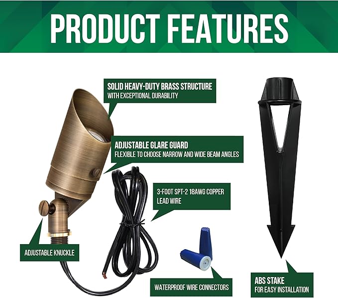 GKOLED 12V Brass Landscape Spotlight, LED Low Voltage Landscape Lighting, Outdoor Adjustable Lights for Yard Wall Lawn Tree Patio Garden, Waterproof Directional Up Light, No MR16 Bulb